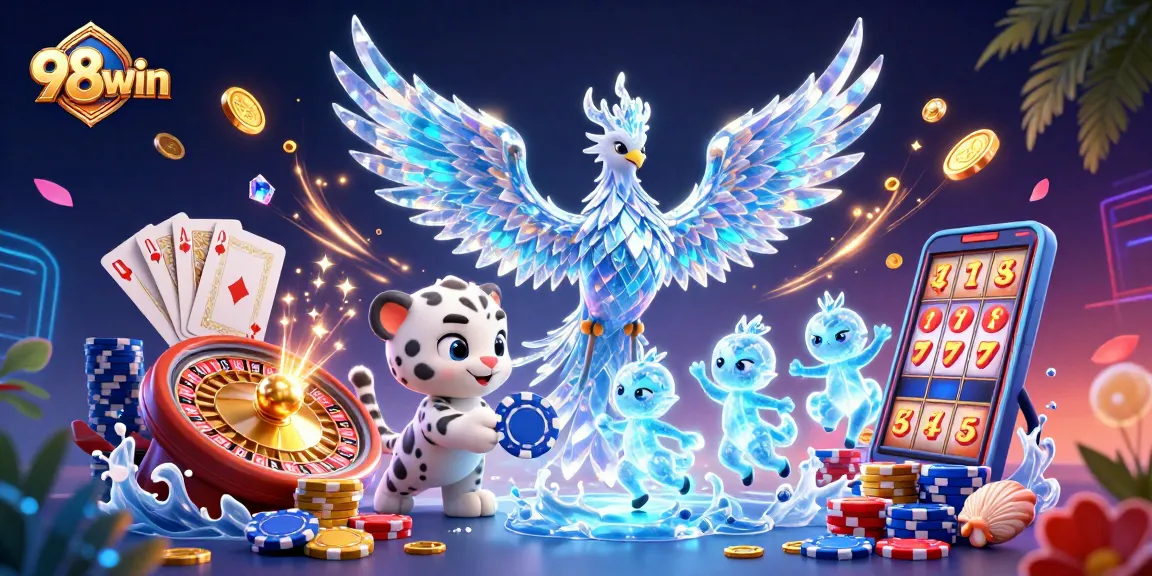Engage in thrilling gameplay with 98win's vibrant casino scene featuring dynamic characters, pristine environment, and interactive gaming elements.