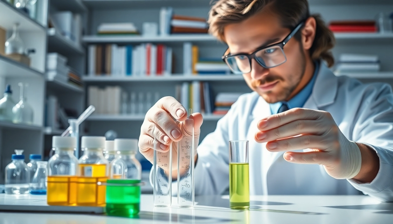 Engage in peptide shop reviews while observing detailed peptide research in a lab setting.