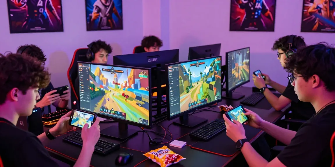 Diverse players intensely focused on the mantra88 login in an online gaming competition, illuminated by screen glow and vibrant game graphics.