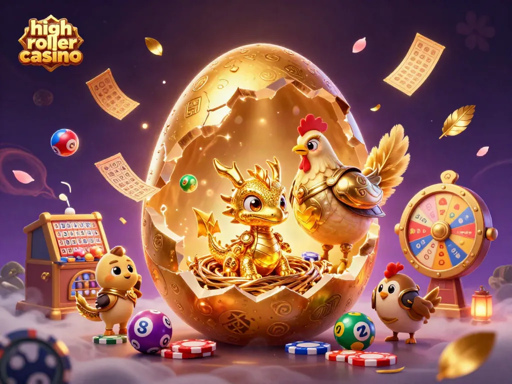 Experience the thrill of high roller casino gaming with golden dragons, poker chips, and vibrant casino elements.