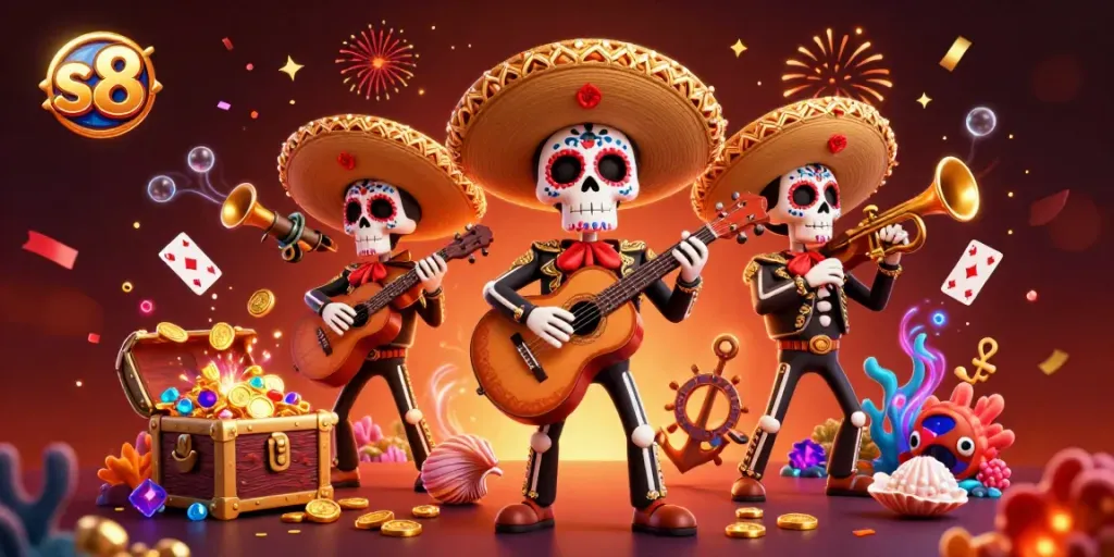 Engage with the thrilling experience at s8 as a mariachi band celebrates with vibrant colors and festive gaming elements.
