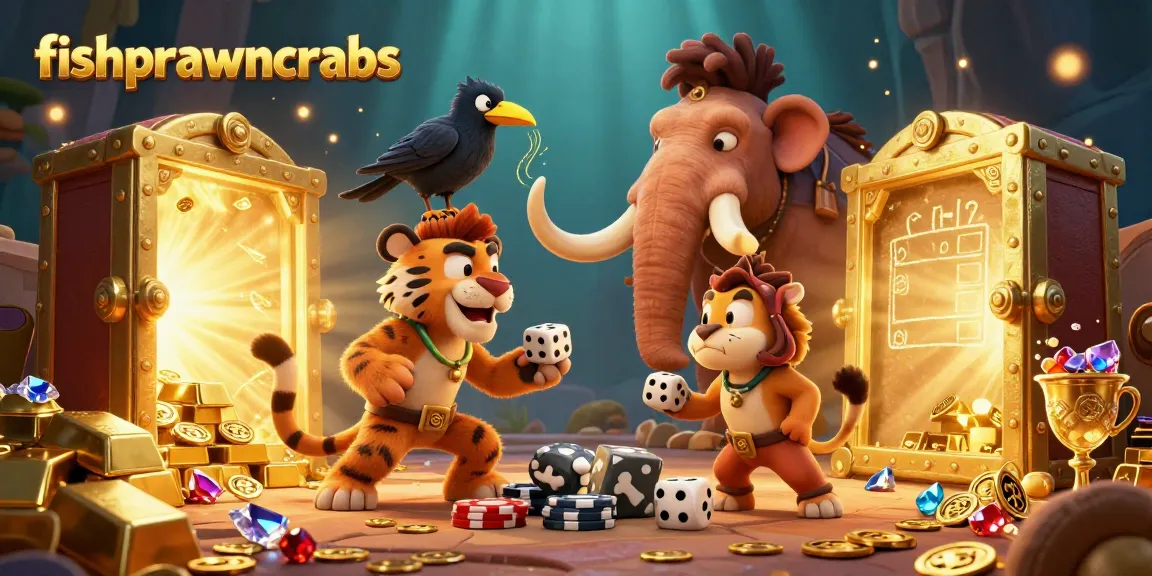 Engage in the vibrant fishprawncrabs quest with a prehistoric casino scene featuring cavemen and treasures.