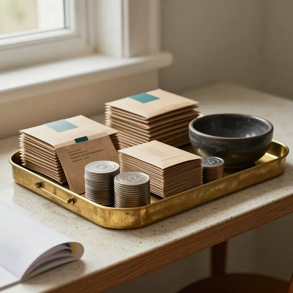 Brass ledger tray with token stacks, sealed change packets and approval bowl on travertine