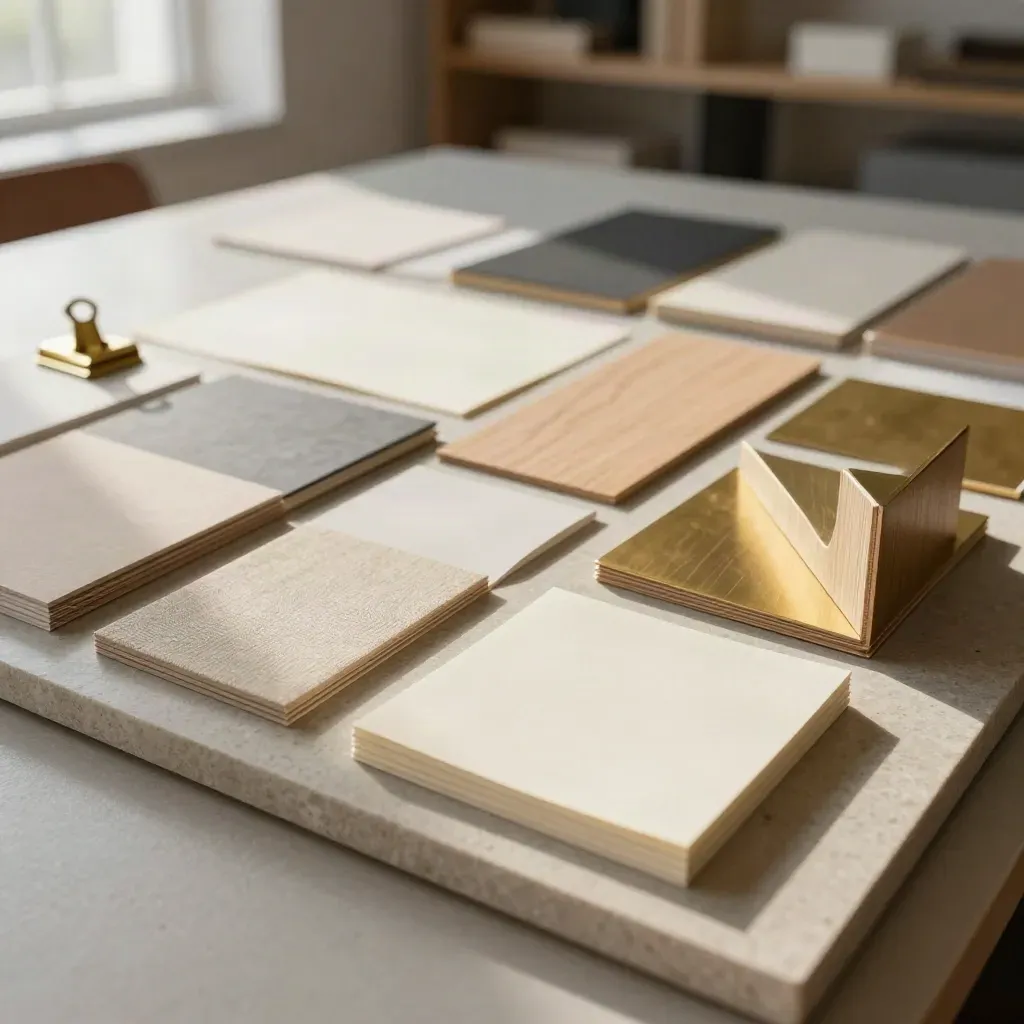 Material swatches and a model-corner sample on stone in warm window light.