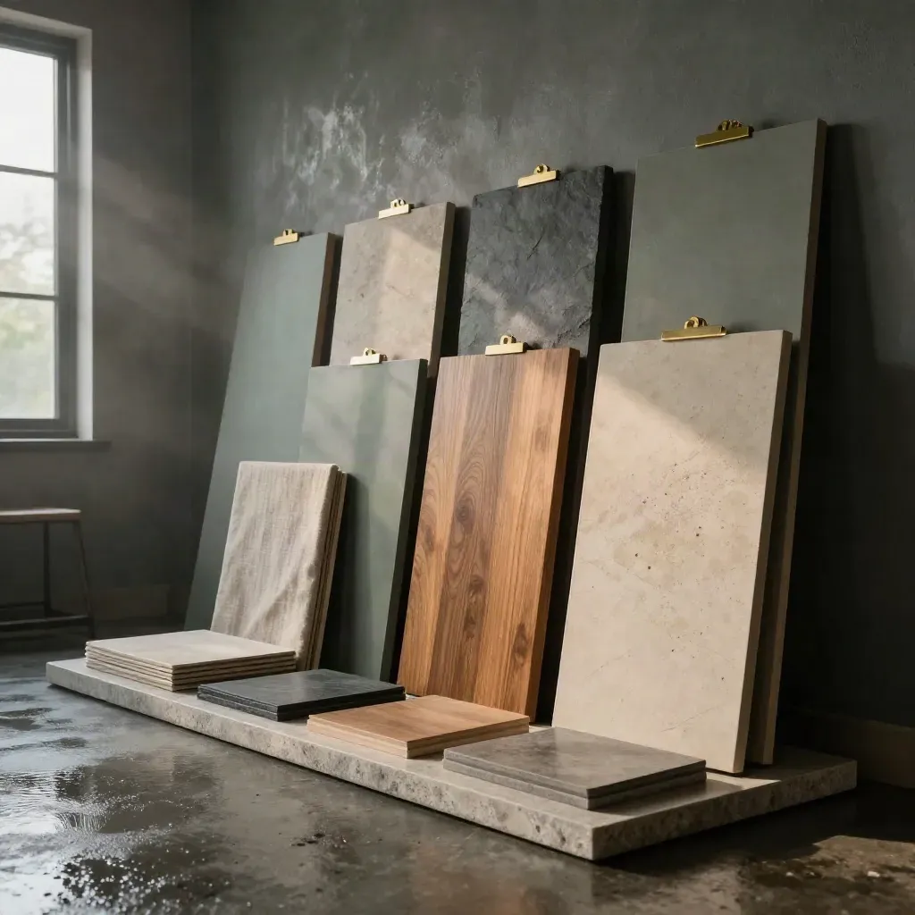 Moody project-studio installation of sample boards, mockup blocks and cases in rain haze.