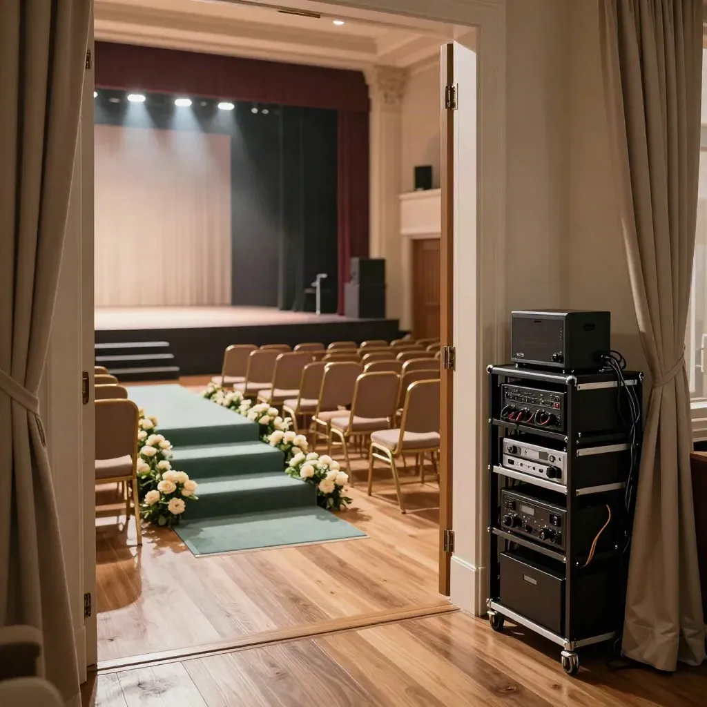 Empty nonprofit venue with lit stage, floral risers, aligned chairs, and AV racks ready for opening.