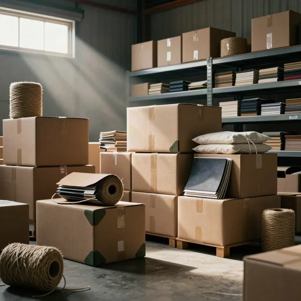 Loading nook with sealed parcels, sample boxes, swatches, and shipping twine in dramatic warehouse light.