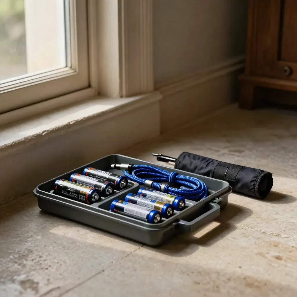Launch kit with batteries, cable and adapters by a doorway in warm window light.
