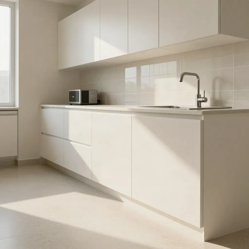Finished clinic room with new cabinetry, stainless fixtures, glossy tile and calm daylight