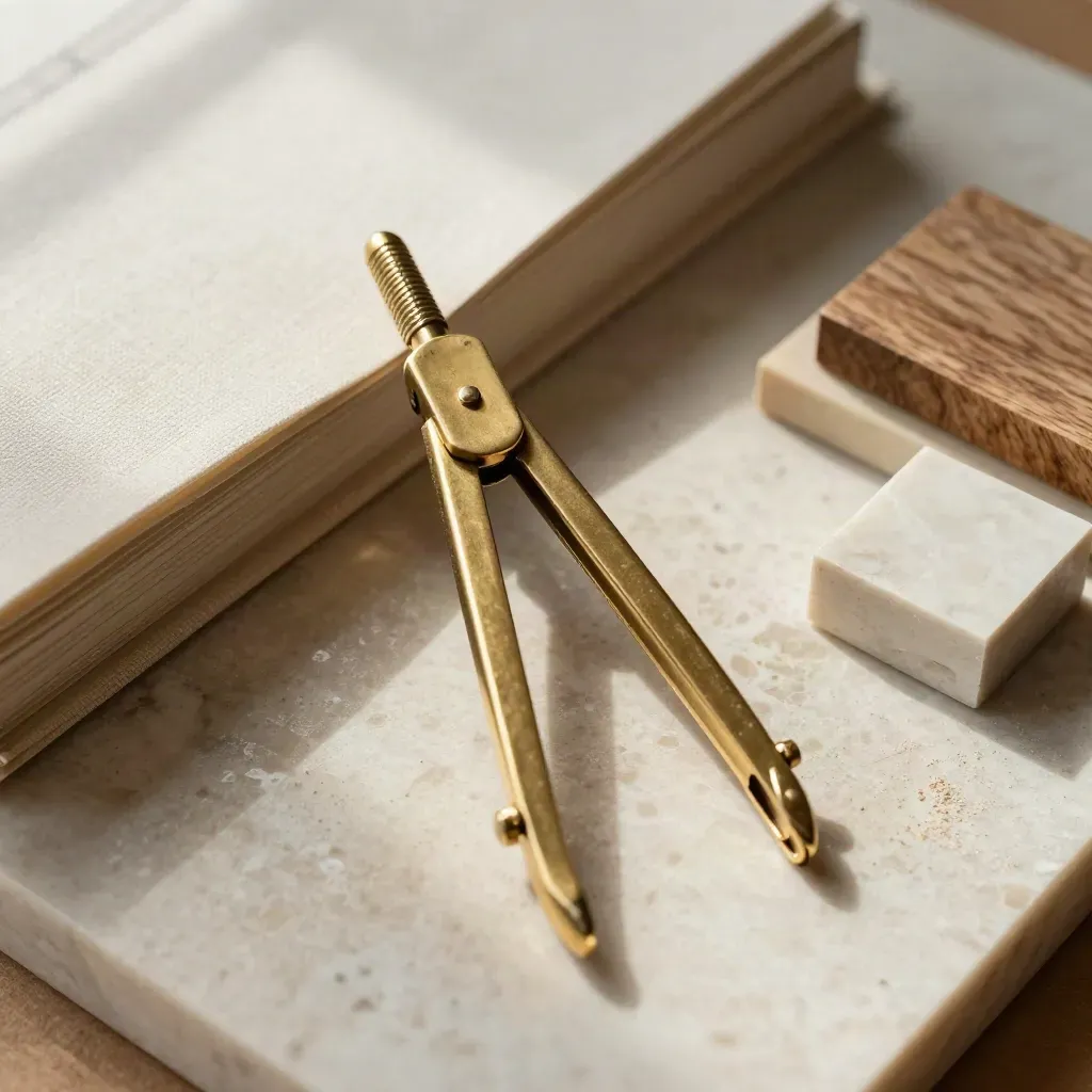 Brass divider, linen folio, material chips and model block on travertine.