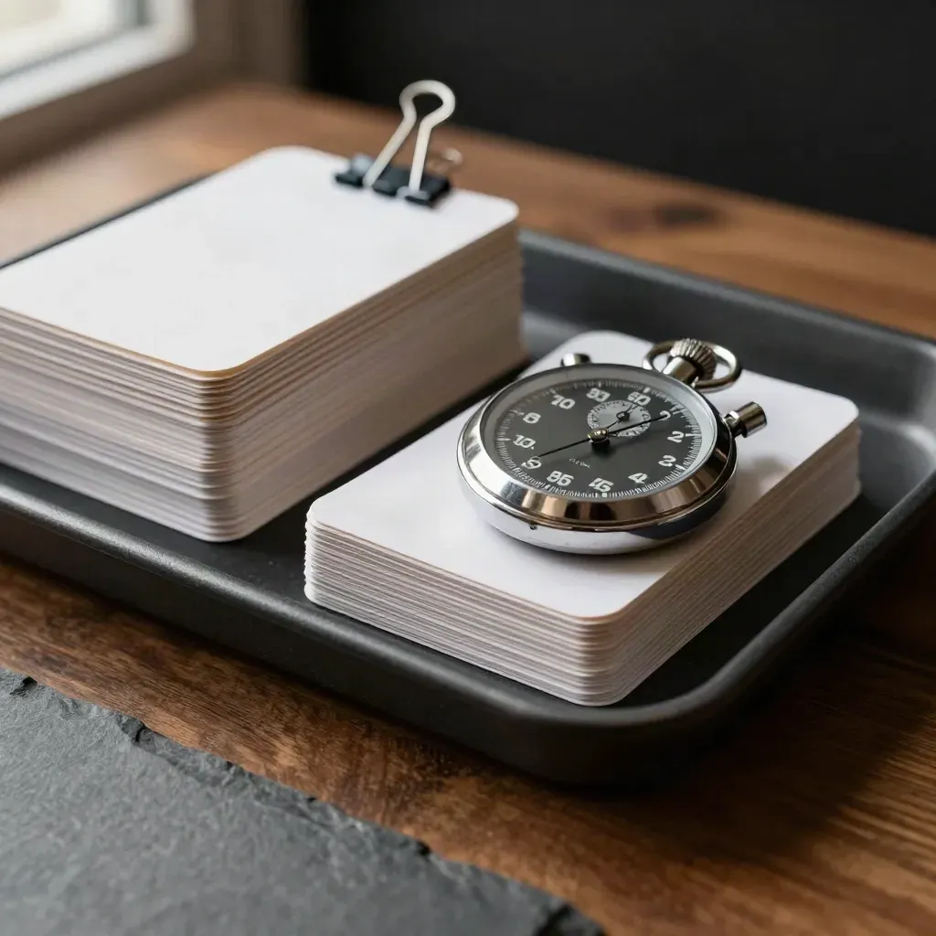 Face-down task cards, stopwatch, and binder clips on a dark tray in dramatic studio light.