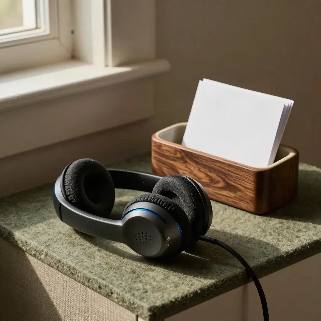 Headset, handset cradle, inbox bowl and folded cards on a project ops shelf.