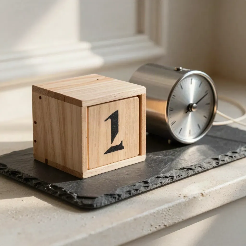 Wooden schedule cubes, metal timer, and cream cord on slate tray in side light.