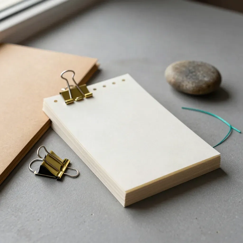 Top-down macro of pinned tabbed scope cards, kraft folder edge, brass clips and stone weight on plaster.