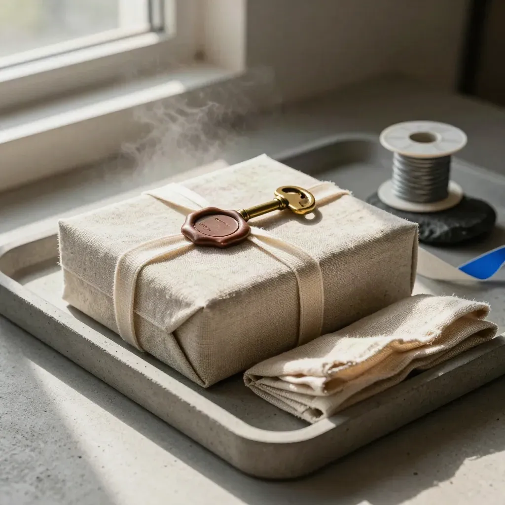 Sealed archive box, brass key, ribbon spool and linen runner on concrete in warm light.