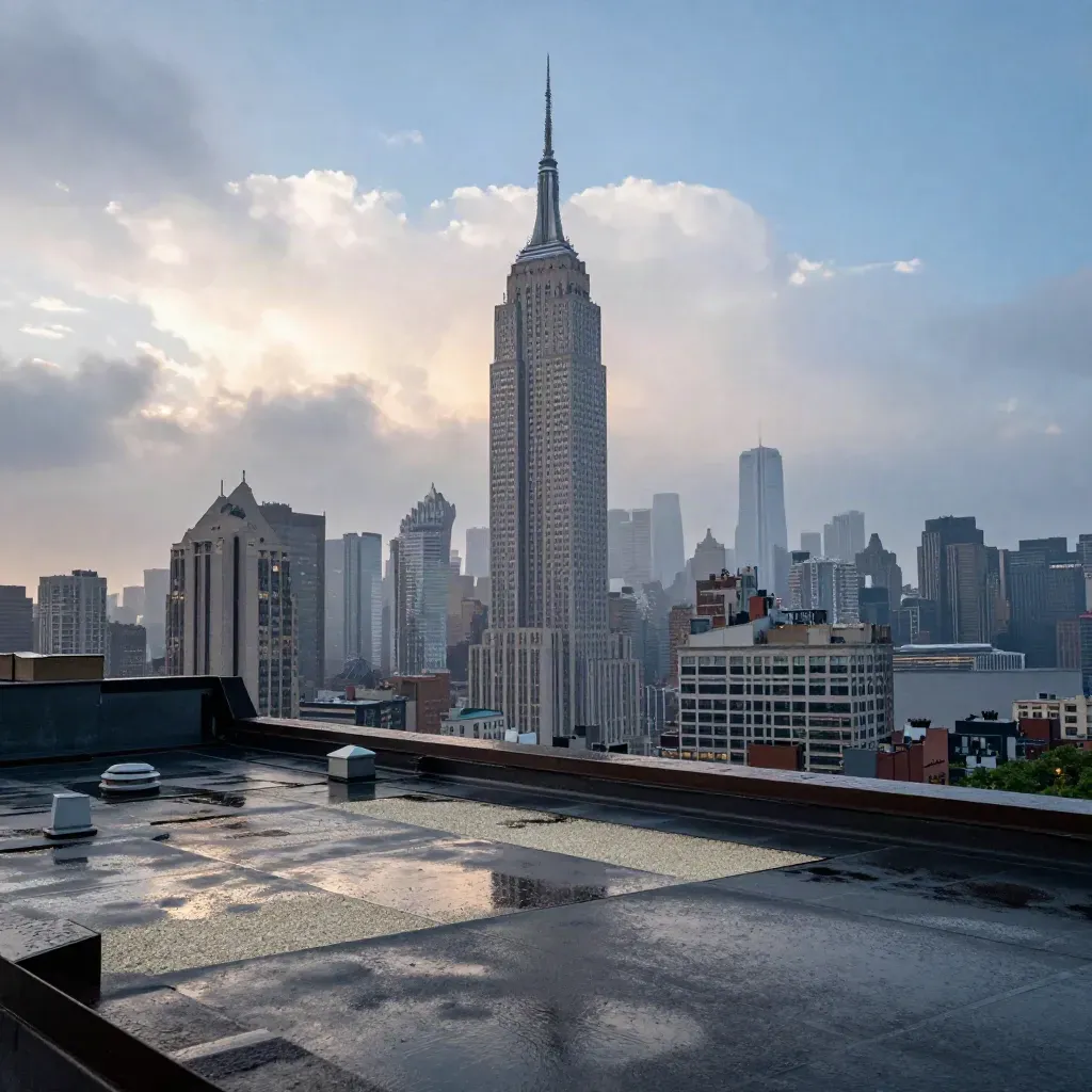 Brooklyn rooftop view of Manhattan skyline and the Empire State Building over rain-hazed East River.