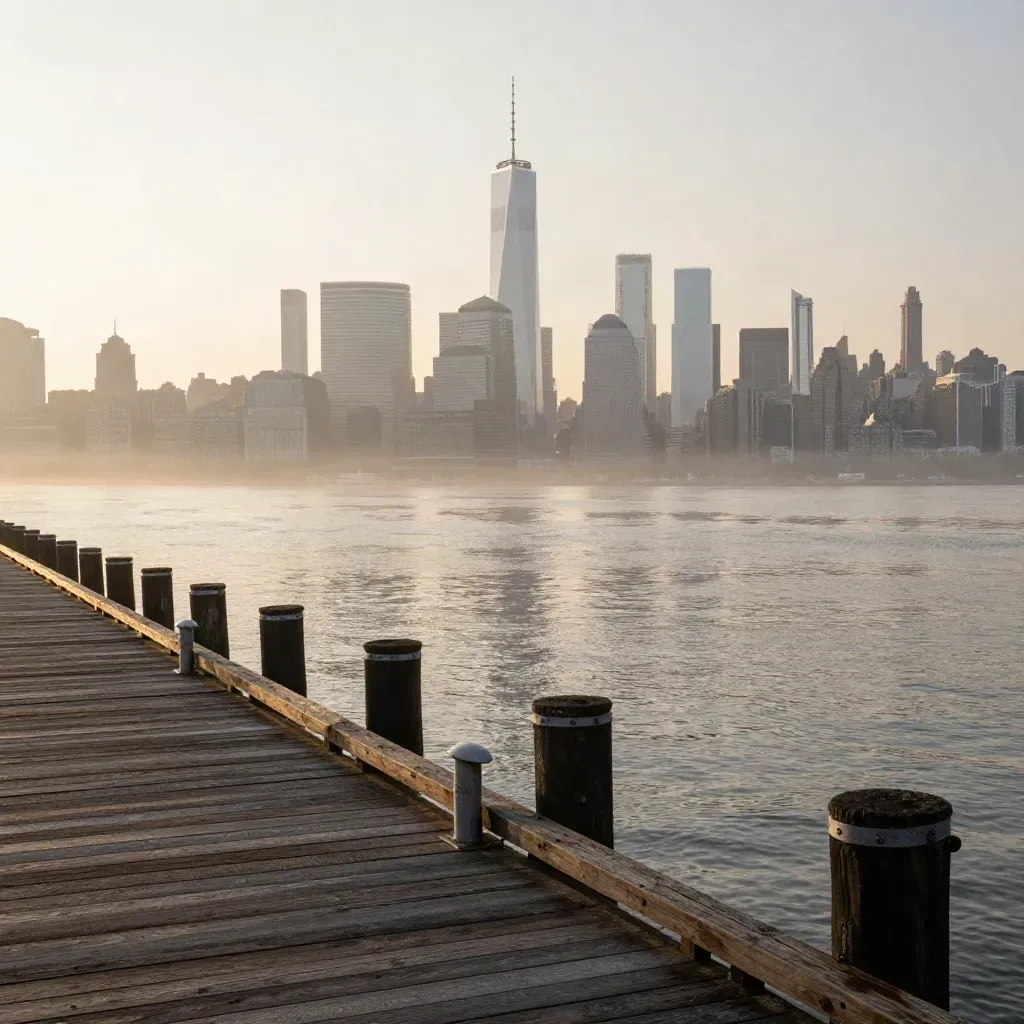 Foggy Hoboken pier view of Jersey City and Lower Manhattan in warm golden morning light.