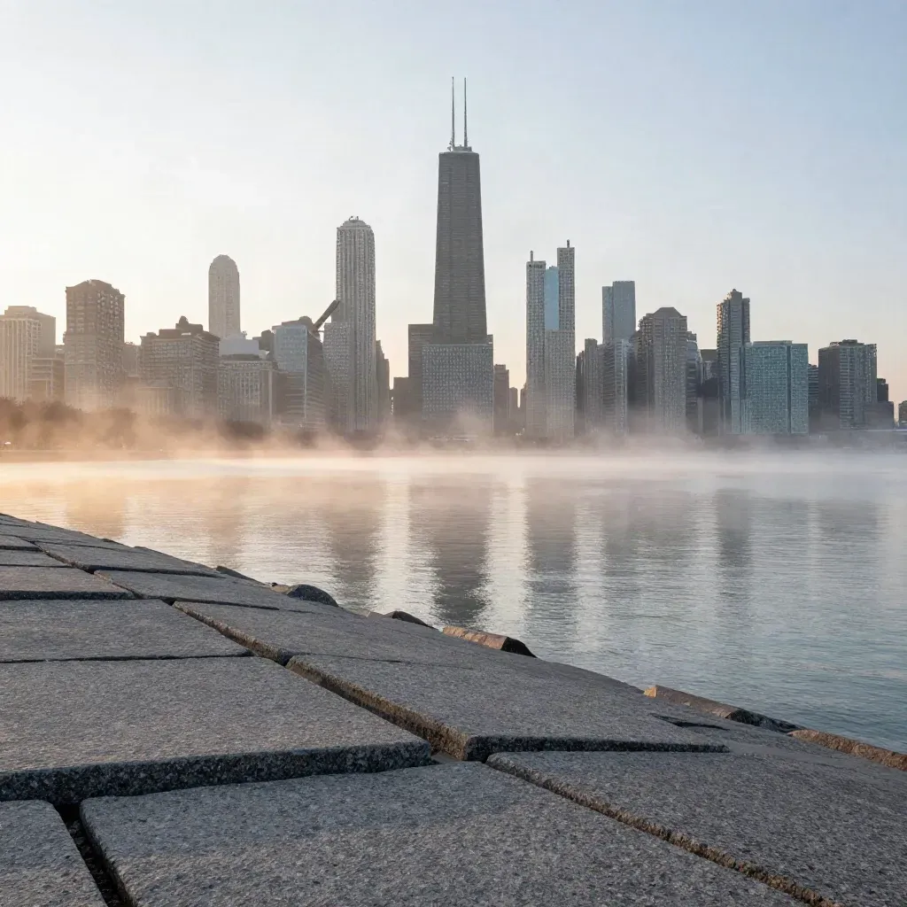 Chicago skyline above a granite lakeshore in winter sunrise fog