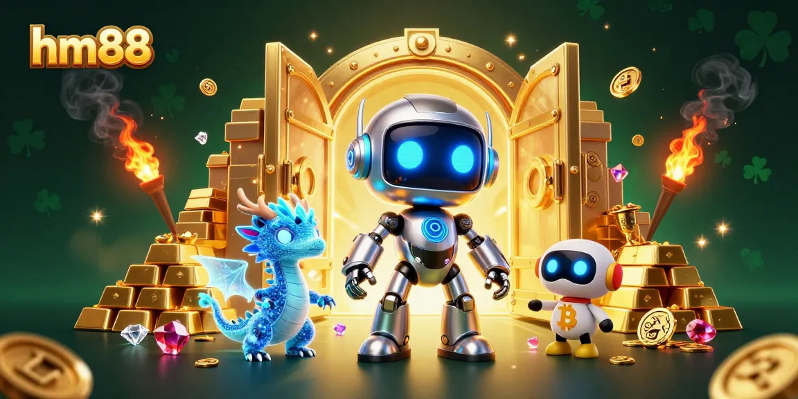 Engage in thrilling casino action with hm88's cyberpunk robot, holographic dragon, and bitcoin drone in a vibrant scene.