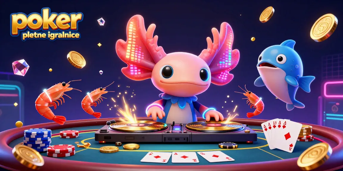 V pokerskih spletnih igralnicah se 3D liki veselijo, obdani s poker žetoni in kartami.