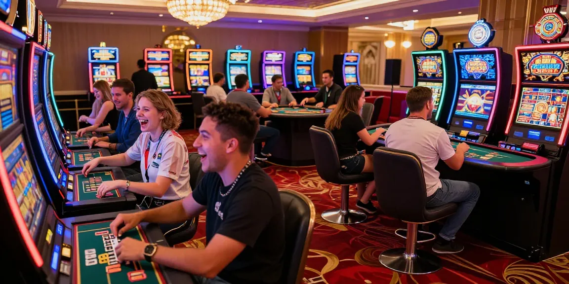 Exciting gaming atmosphere with diverse players engaging in เกมสล็อต at vibrant casino.