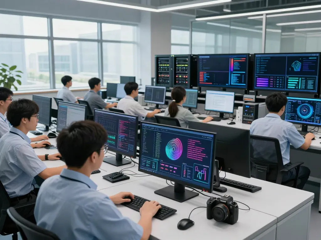 Diverse engineers analyzing AI inference metrics in a modern control room.