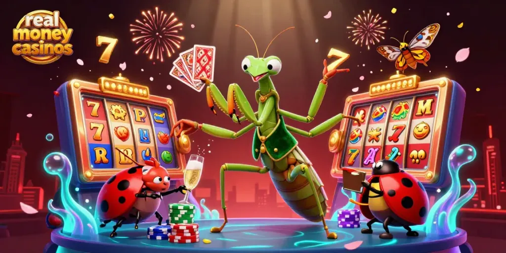 Experience the excitement at real money casinos with a vibrant illustration featuring a card sharp and pit boss in a casino setting.