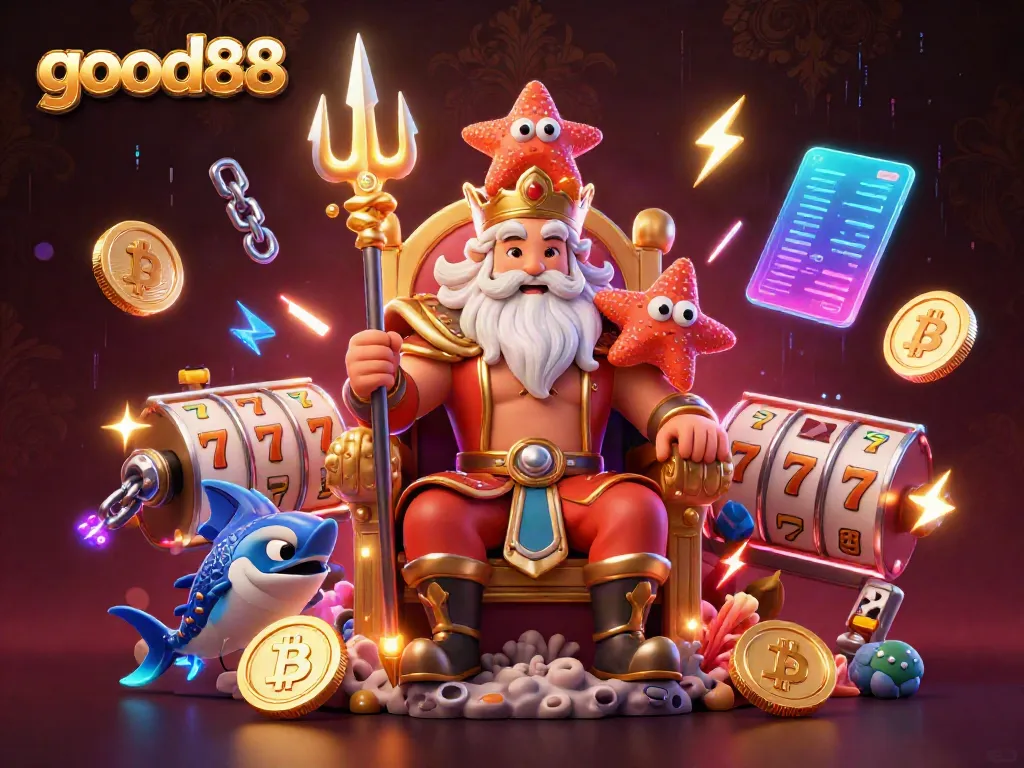 Play exciting games at good88 with cartoon Neptune and glowing Bitcoin coins in a dynamic casino scene.