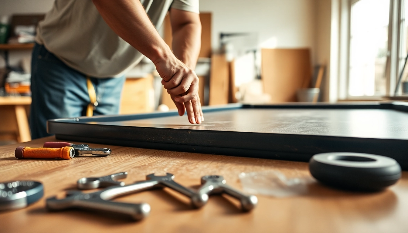 Expert performing Pool Table Disassembly with tools in a workshop setting.