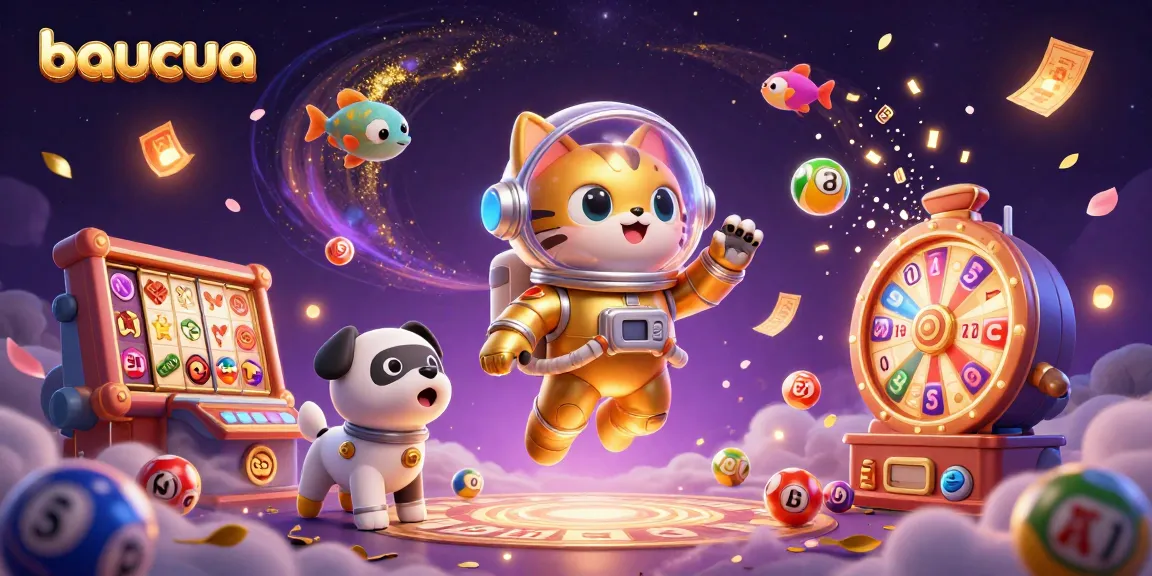 Baucua game experience with colorful lottery elements and 3D characters in a vibrant casino setting.