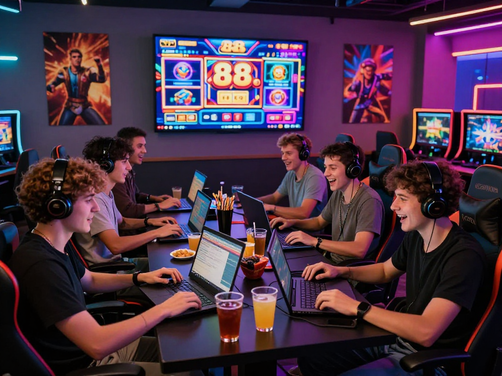 Gamer bermain slot88 online di ruang permainan yang cerah dan modern.