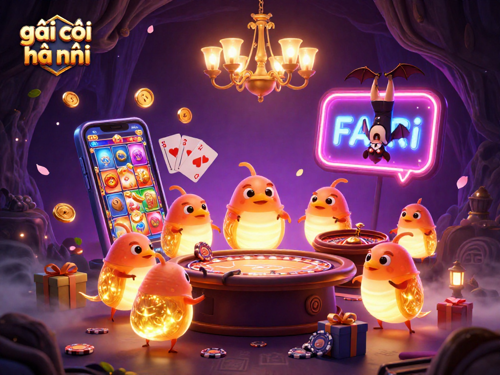Engaging illustration of vibrant casino elements, featuring gái gọi hà nội with slot game excitement and bioluminescent glowworms.