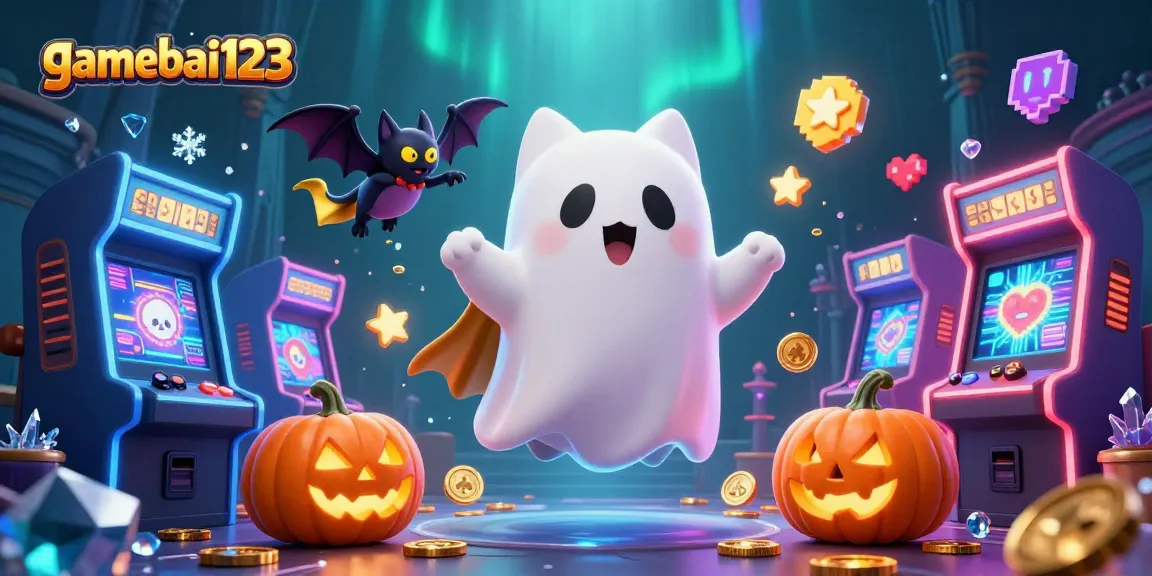Experience the thrilling atmosphere of gamebai123 with floating friendly spirits and vibrant casino elements.