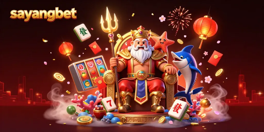 Join the winning fun at sayangbet with a lively 3D casino scene featuring Neptune and fortune symbols.