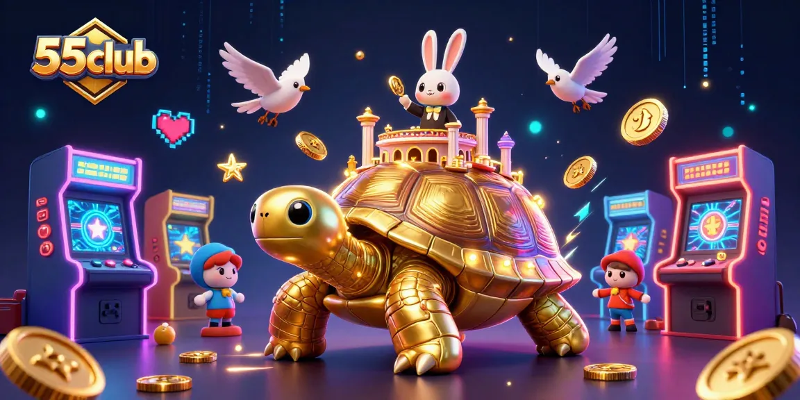 Experience gaming excitement with 55club's vibrant 3D casino scene featuring a golden tortoise.