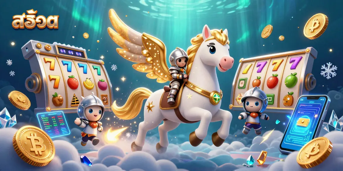 Spin exciting สล็อต reels with a celestial knight and golden horse in this captivating illustration.