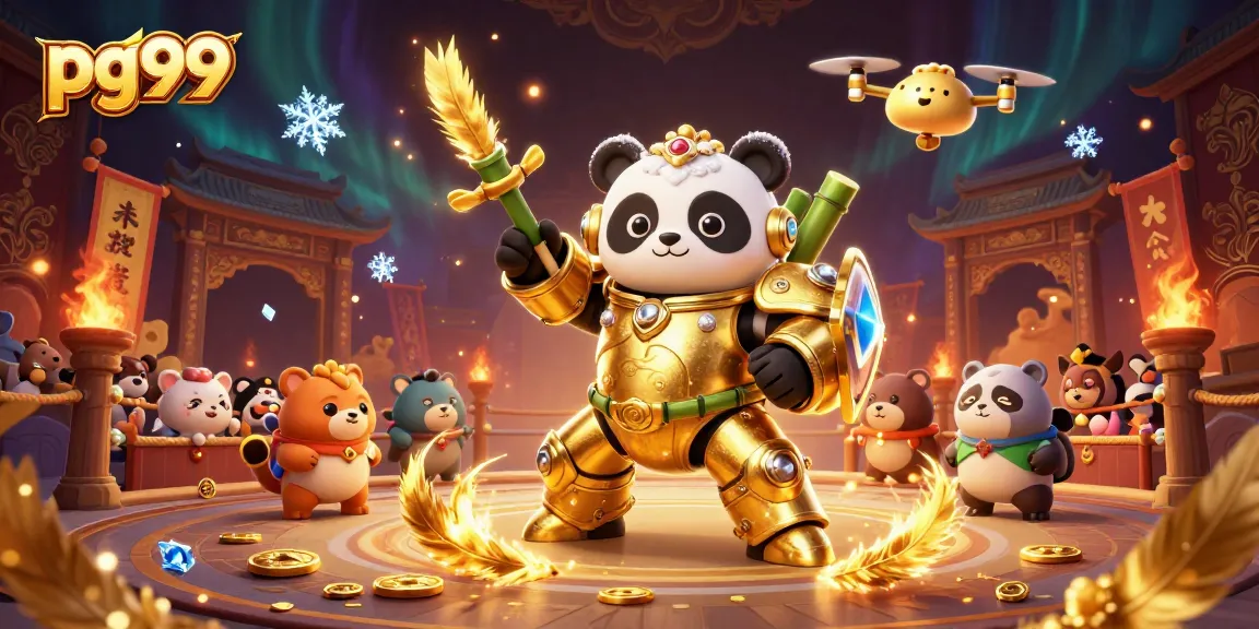 Experience the thrills of pg99 with a mech-pilot panda battling in a vibrant casino arena.