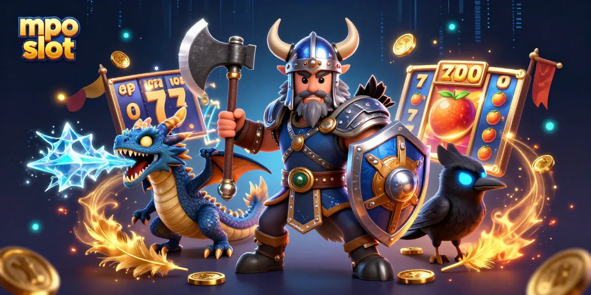 Engage with mpo slot games featuring dynamic visuals of a Viking wolf, a dragon, and gold coins.