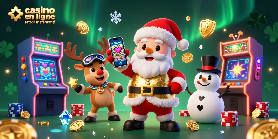 Jouez au casino en ligne retrait instantané avec le Père Noël, un renne et un bonhomme de neige.