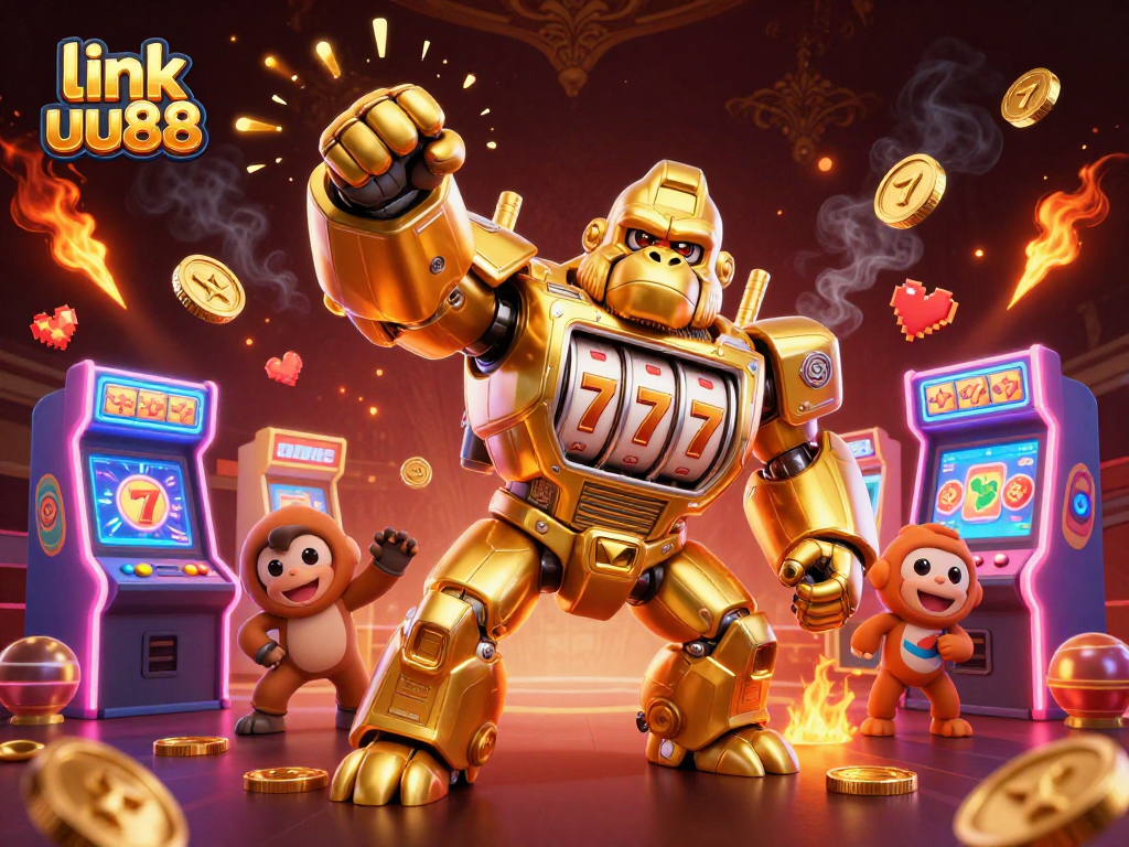 Engage with exciting gaming adventures on link uu88 featuring vibrant casino elements and a dynamic golden gorilla mech.