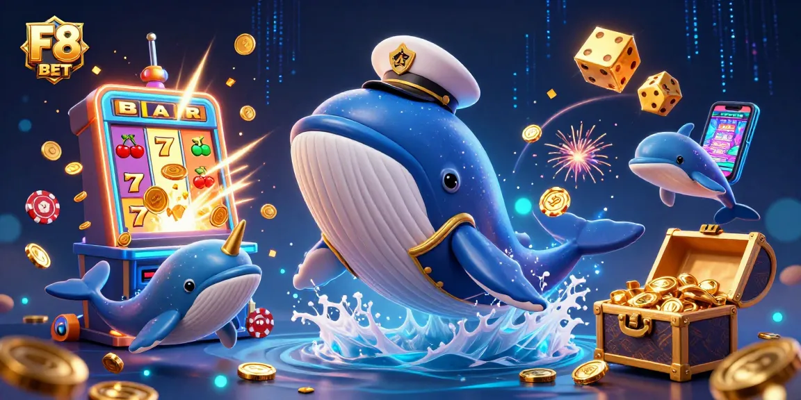 Experience winning moments with F8 BET's captivating whale and playful dolphins illustration.