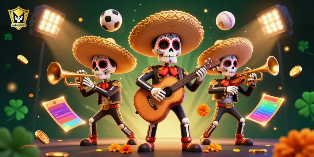 Bujangtoto celebrates gaming with Day of the Dead mariachi band, sports elements, and festive coins.