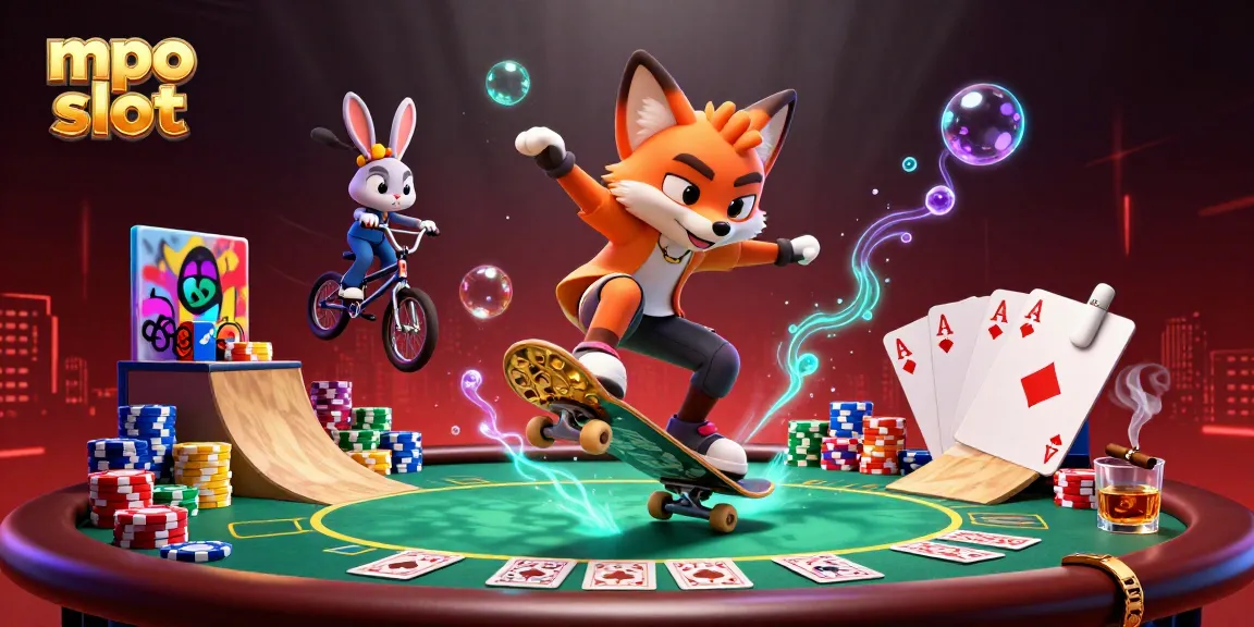 Engage with mpo slot featuring a skateboarder fox and BMX rabbit amid casino elements and vibrant graffiti.