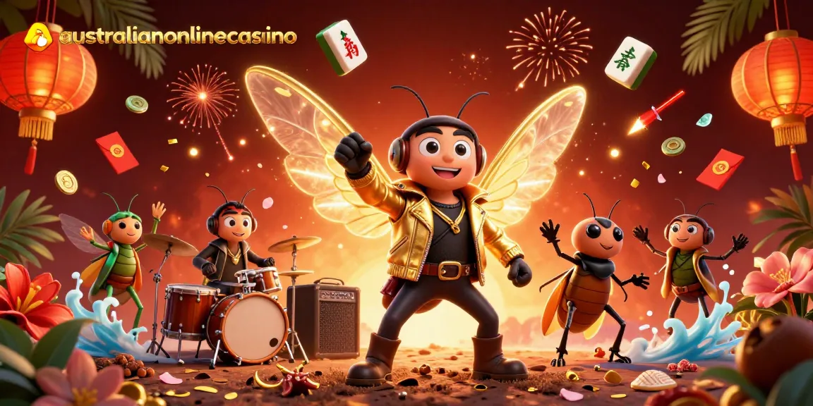 Experience the excitement of the australianonlinecasino with a vibrant 3D casino scene featuring a rock star and band.