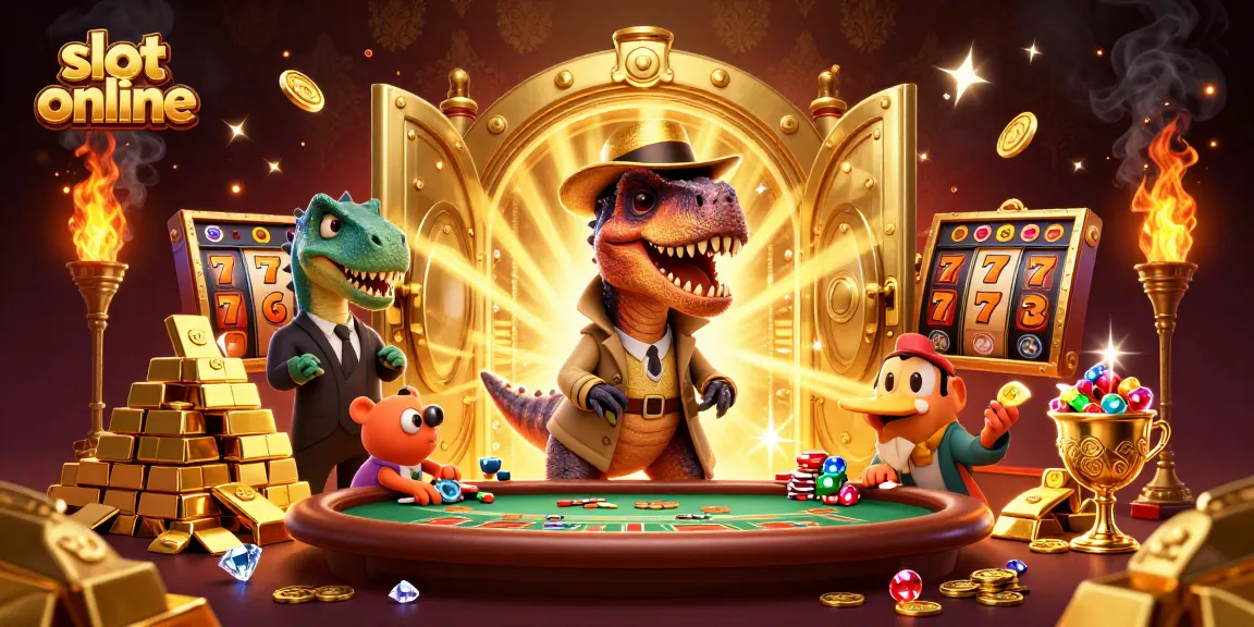 Engage with slot online fun featuring cartoon velociraptor and pit boss in a vibrant casino scene.