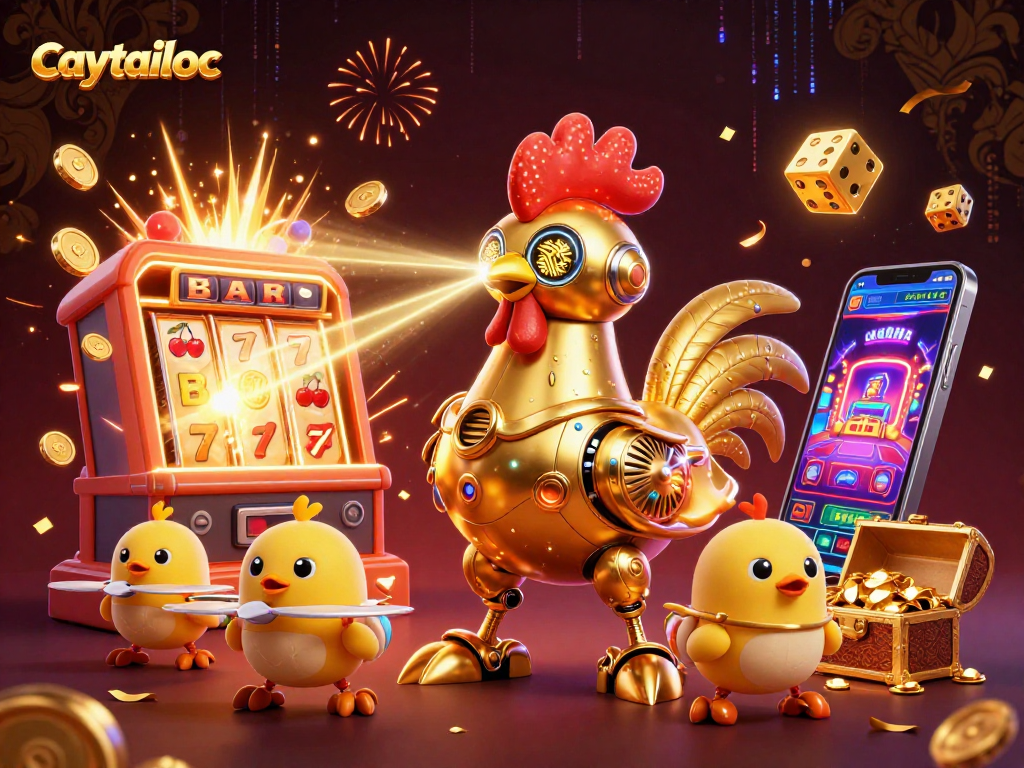 Engage with caytailoc's vibrant jackpot adventure featuring a laser-shooting rooster and baby chick drones!