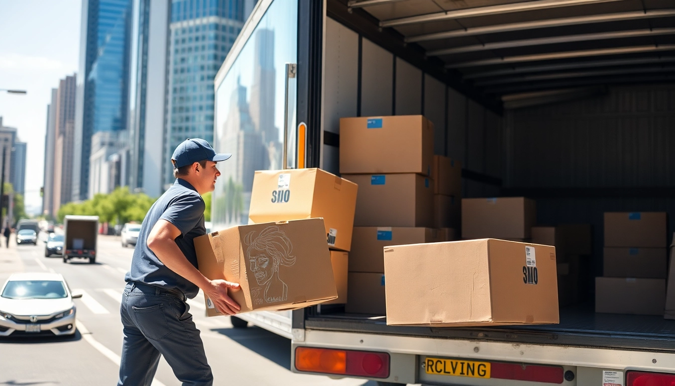 Efficient Residential Moving Services featuring professional movers in action, packing items in an urban setting.