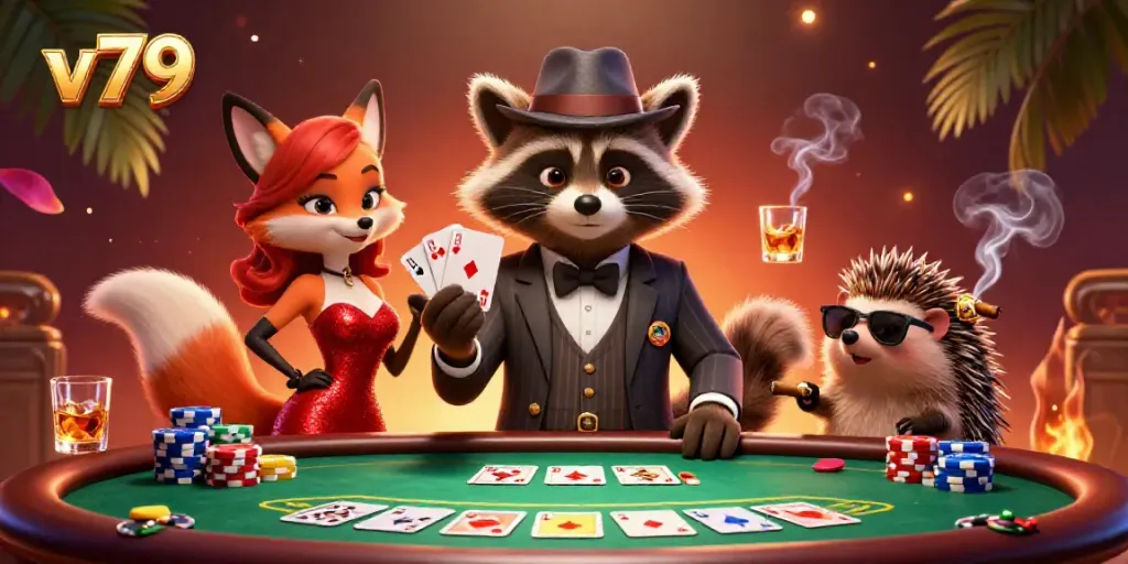 Experience the excitement at v79 with a raccoon holding a royal flush, surrounded by vibrant gaming action.