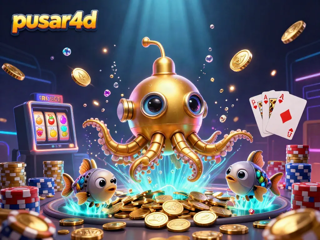 Experience pusar4d with an ultra-detailed 3D illustration of a golden kraken and slot elements amidst sparkling coins.