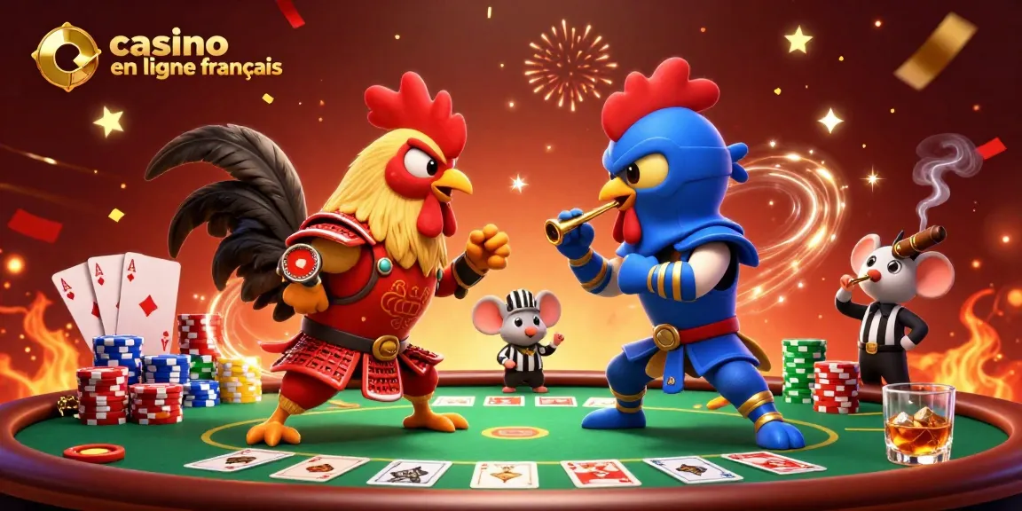 Les coqs combattants en armure et en ninja s'affrontent à un poker, un casino en ligne français captivant.